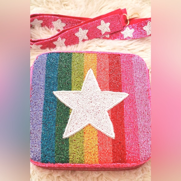 NEW BOUTIQUE HANDMADE BEADED CROSSBODY BAG PREPPY, BLUE COWBOY HAT, STAR DESIGN - Picture 11 of 11